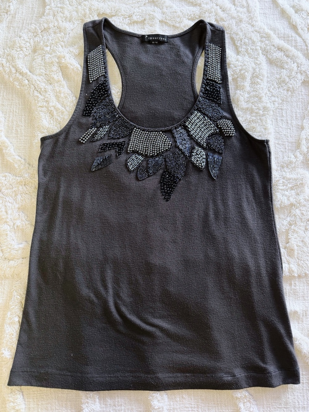Twenty One Forever 21 Gray Beaded Embellished Racerback Tank Top M Y2K - Picture 7 of 10